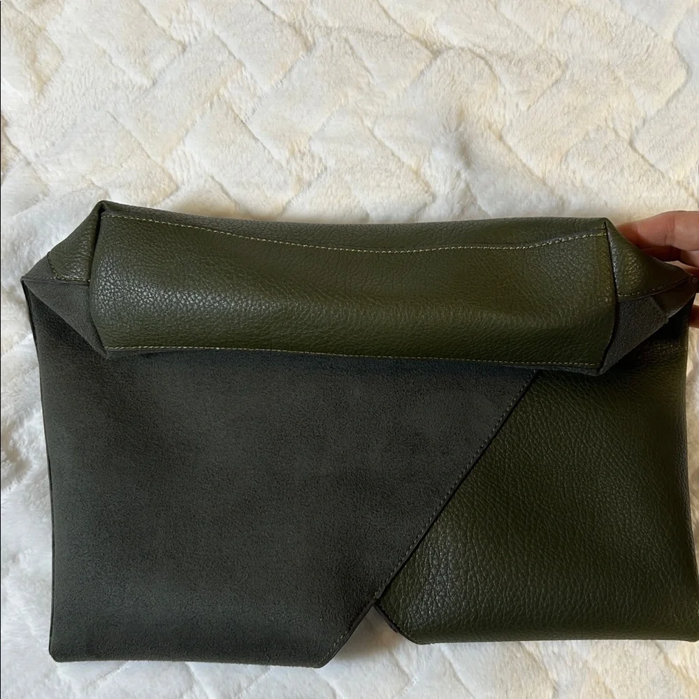 Olive Green Leather And Suede Hobo Tote Bag - Picture 8 of 10